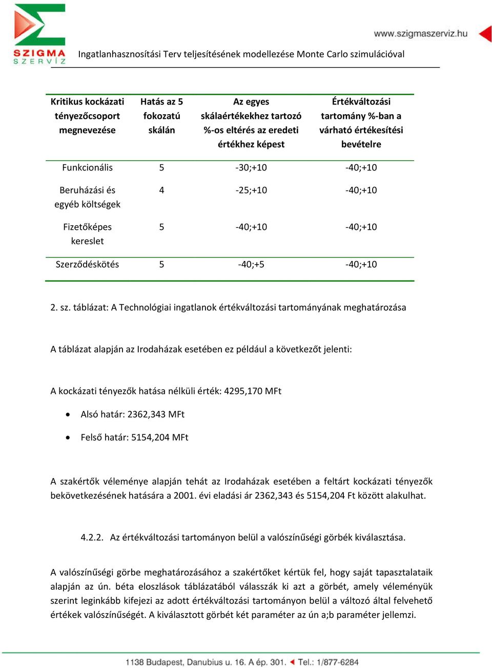 táblázat: A Technológiai ingatlanok értékváltozási tartományának meghatározása A táblázat alapján az Irodaházak esetében ez például a következőt jelenti: A kockázati tényezők hatása nélküli érték: