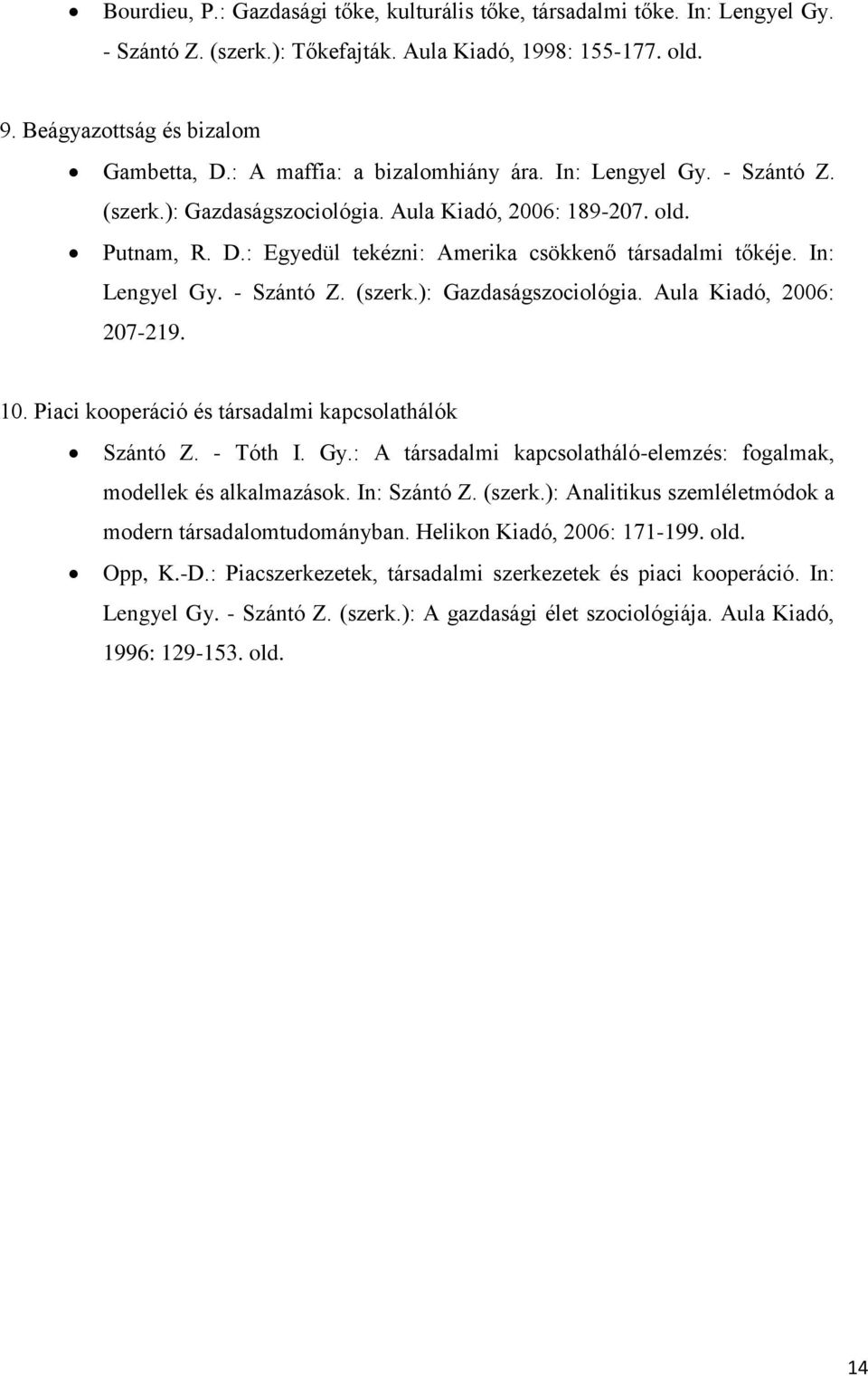 In: Lengyel Gy. - Szántó Z. (szerk.): Gazdaságszociológia. Aula Kiadó, 2006: 207-219. 10. Piaci kooperáció és társadalmi kapcsolathálók Szántó Z. - Tóth I. Gy.: A társadalmi kapcsolatháló-elemzés: fogalmak, modellek és alkalmazások.