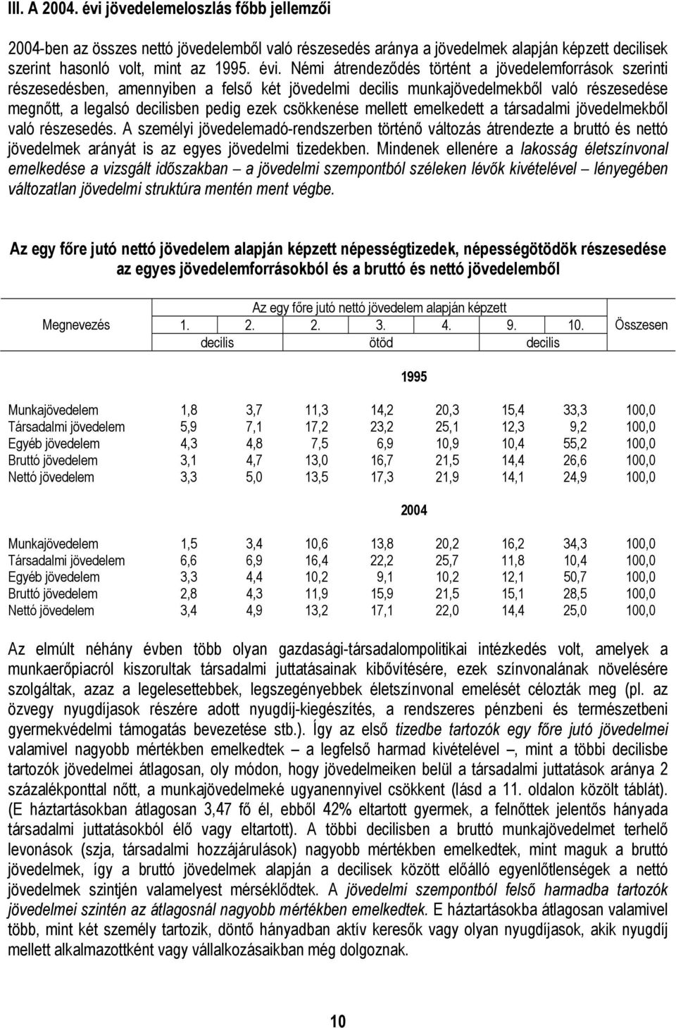 Némi átrendeződés történt a jövedelemforrások szerinti részesedésben, amennyiben a felső két jövedelmi decilis munkajövedelmekből való részesedése megnőtt, a legalsó decilisben pedig ezek csökkenése