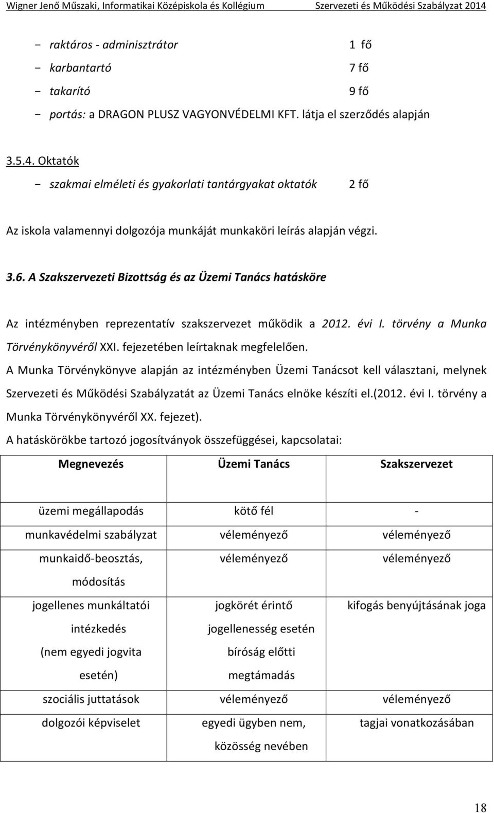 A Szakszervezeti Bizottság és az Üzemi Tanács hatásköre Az intézményben reprezentatív szakszervezet működik a 2012. évi I. törvény a Munka Törvénykönyvéről XXI. fejezetében leírtaknak megfelelően.