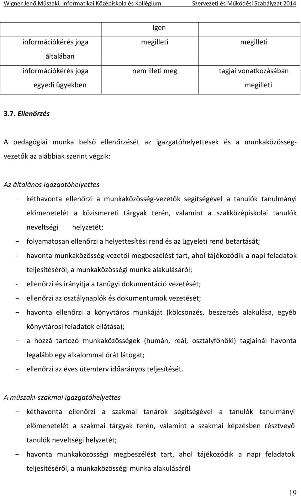 munkaközösség-vezetők segítségével a tanulók tanulmányi előmenetelét a közismereti tárgyak terén, valamint a szakközépiskolai tanulók neveltségi helyzetét; folyamatosan ellenőrzi a helyettesítési