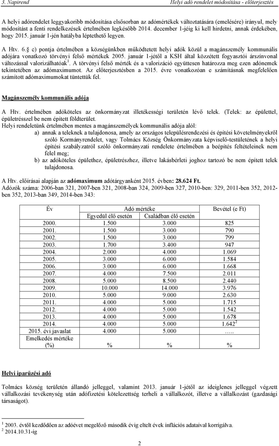 c) pontja értelmében a községünkben működtetett helyi adók közül a magánszemély kommunális adójára vonatkozó törvényi felső mértékek 2005.