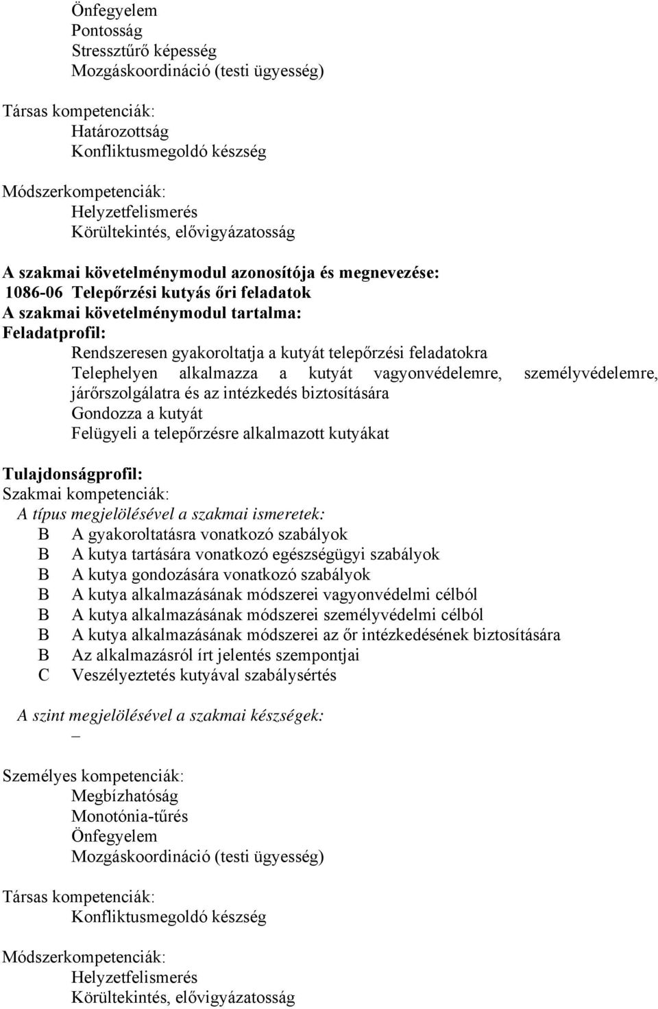 kutyát telepőrzési feladatokra Telephelyen alkalmazza a kutyát vagyonvédelemre, személyvédelemre, járőrszolgálatra és az intézkedés biztosítására Gondozza a kutyát Felügyeli a telepőrzésre