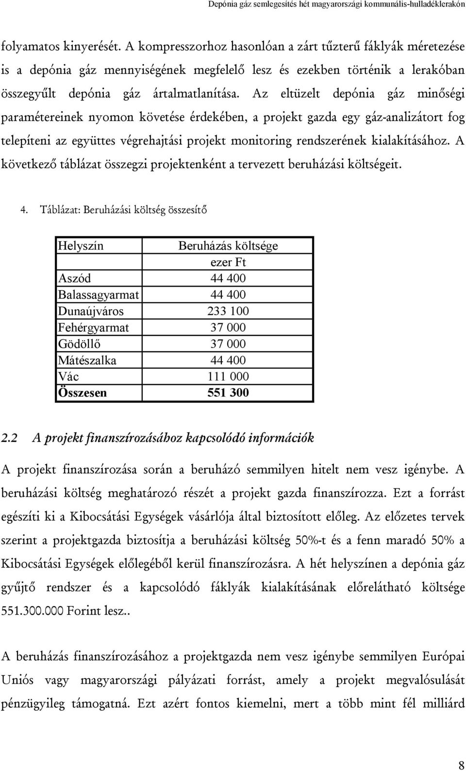 Az eltüzelt depónia gáz minőségi paramétereinek nyomon követése érdekében, a projekt gazda egy gáz-analizátort fog telepíteni az együttes végrehajtási projekt monitoring rendszerének kialakításához.