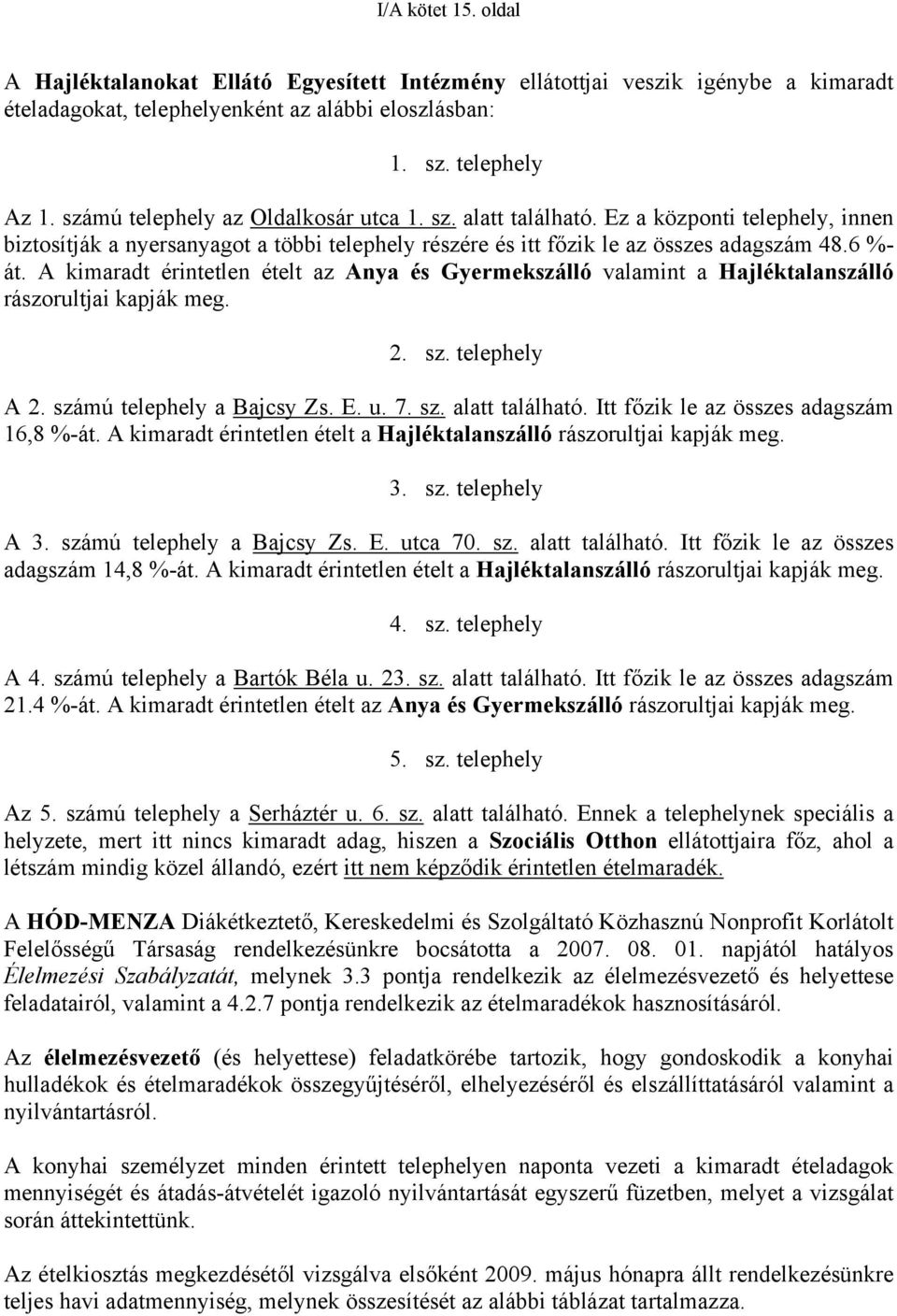 A kimaradt érintetlen ételt az Anya és Gyermekszálló valamint a Hajléktalanszálló rászorultjai kapják meg. 2. sz. telephely A 2. számú telephely a Bajcsy Zs. E. u. 7. sz. alatt található.