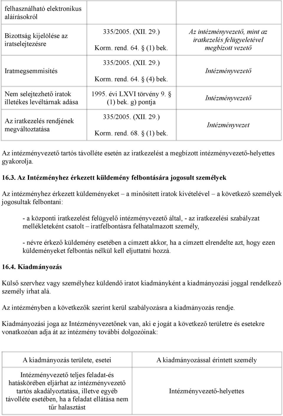 335/2005. (XII. 29.) Korm. rend. 64. (4) bek. 1995. évi LXVI törvény 9. (1) bek.