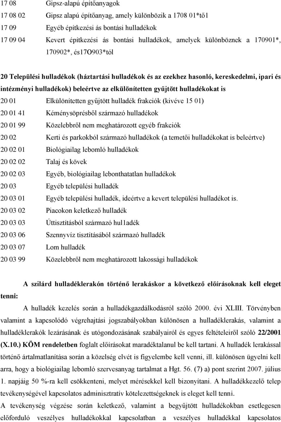 hulladékokat is 20 01 Elkülönítetten gyűjtött hulladék frakciók (kivéve 15 01) 20 01 41 Kéménysöprésből származó hulladékok 20 01 99 Közelebbről nem meghatározott egyéb frakciók 20 02 Kerti és