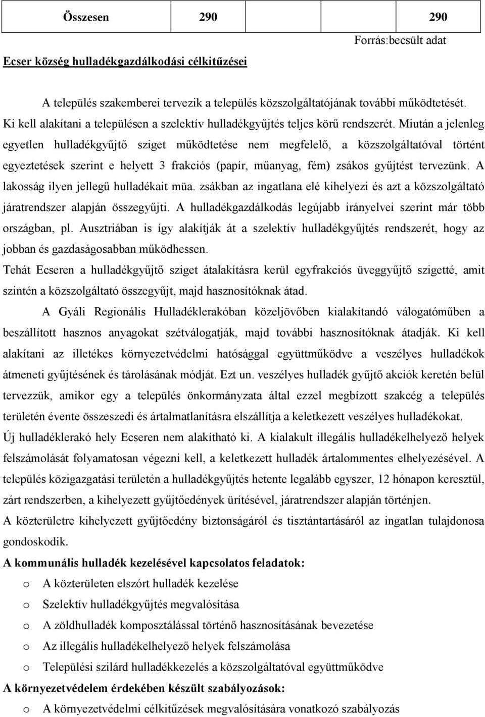 Miután a jelenleg egyetlen hulladékgyűjtő sziget működtetése nem megfelelő, a közszolgáltatóval történt egyeztetések szerint e helyett 3 frakciós (papír, műanyag, fém) zsákos gyűjtést tervezünk.