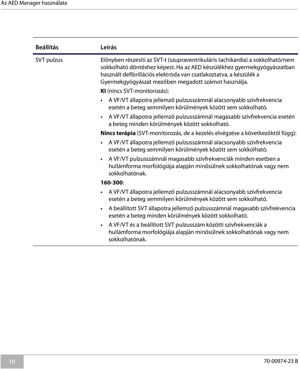 KI (nincs SVT-monitorozás): A VF/VT állapotra jellemző pulzusszámnál alacsonyabb szívfrekvencia esetén a beteg semmilyen körülmények között sem sokkolható.