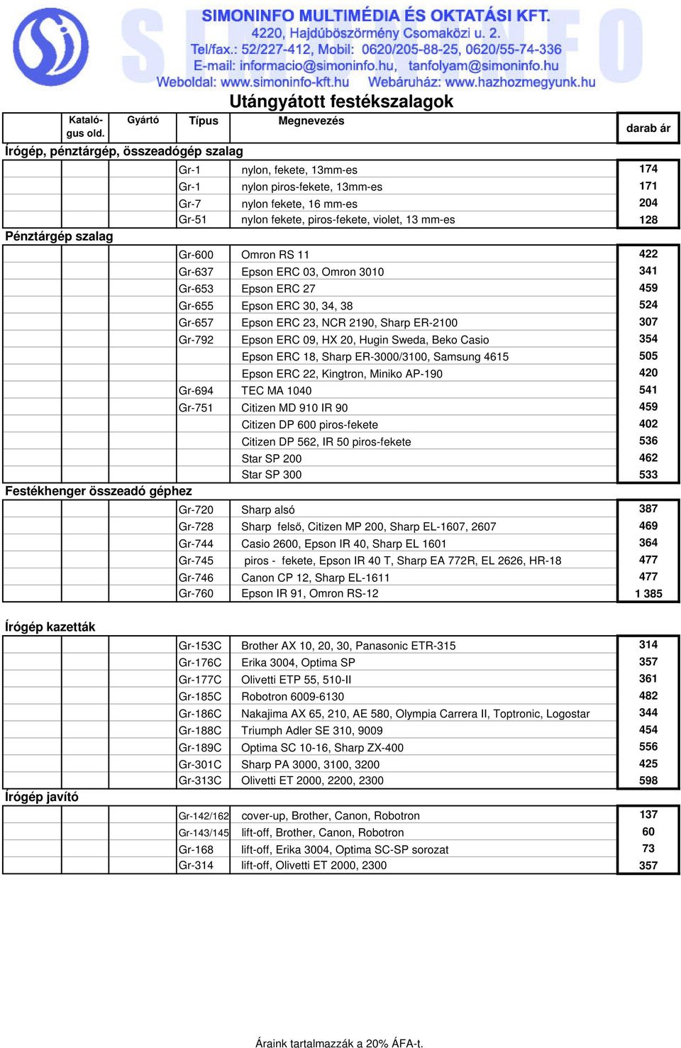 Gr-657 Epson ERC 23, NCR 2190, Sharp ER-2100 307 Gr-792 Epson ERC 09, HX 20, Hugin Sweda, Beko Casio 354 Epson ERC 18, Sharp ER-3000/3100, Samsung 4615 505 Epson ERC 22, Kingtron, Miniko AP-190 420