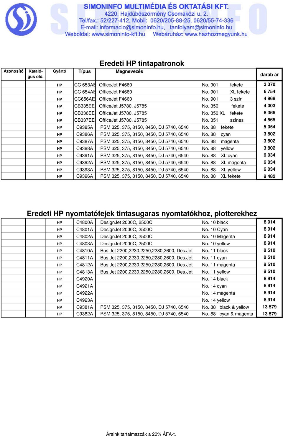 351 színes 4 565 HP C9385A PSM 325, 375, 8150, 8450, DJ 5740, 6540 No. 88 fekete 5 054 HP C9386A PSM 325, 375, 8150, 8450, DJ 5740, 6540 No.