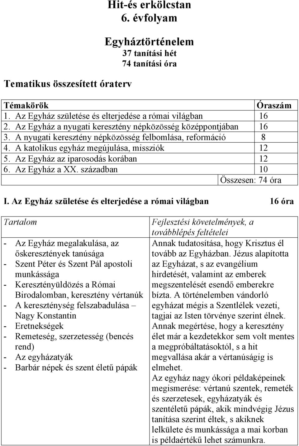 Az Egyház az iparosodás korában 12 6. Az Egyház a XX. században 10 Összesen: 74 óra I.