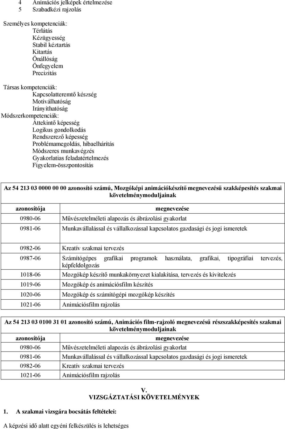 feladatértelmezés Figyelem-összpontosítás Az 54 213 03 0000 00 00 azonosító számú, Mozgóképi animációkészítő megnevezésű szakképesítés szakmai követelménymoduljainak azonosítója megnevezése 0980-06