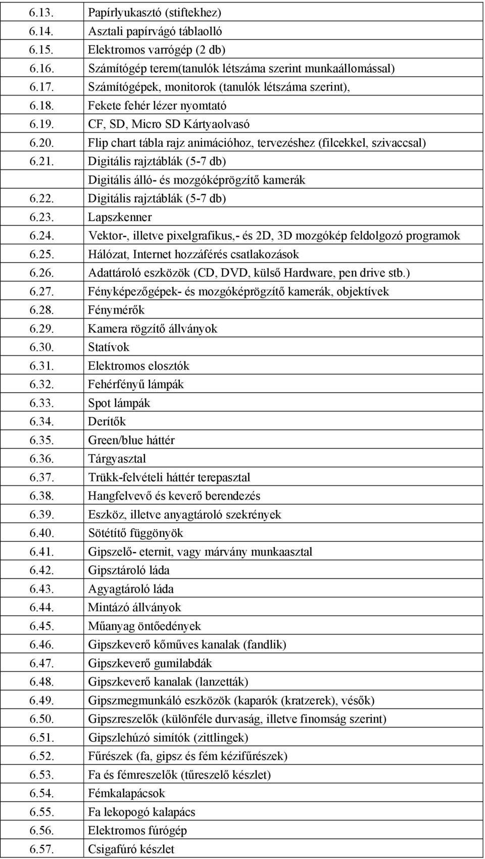 Flip chart tábla rajz animációhoz, tervezéshez (filcekkel, szivaccsal) 6.21. Digitális rajztáblák (5-7 db) Digitális álló- és mozgóképrögzítő kamerák 6.22. Digitális rajztáblák (5-7 db) 6.23.