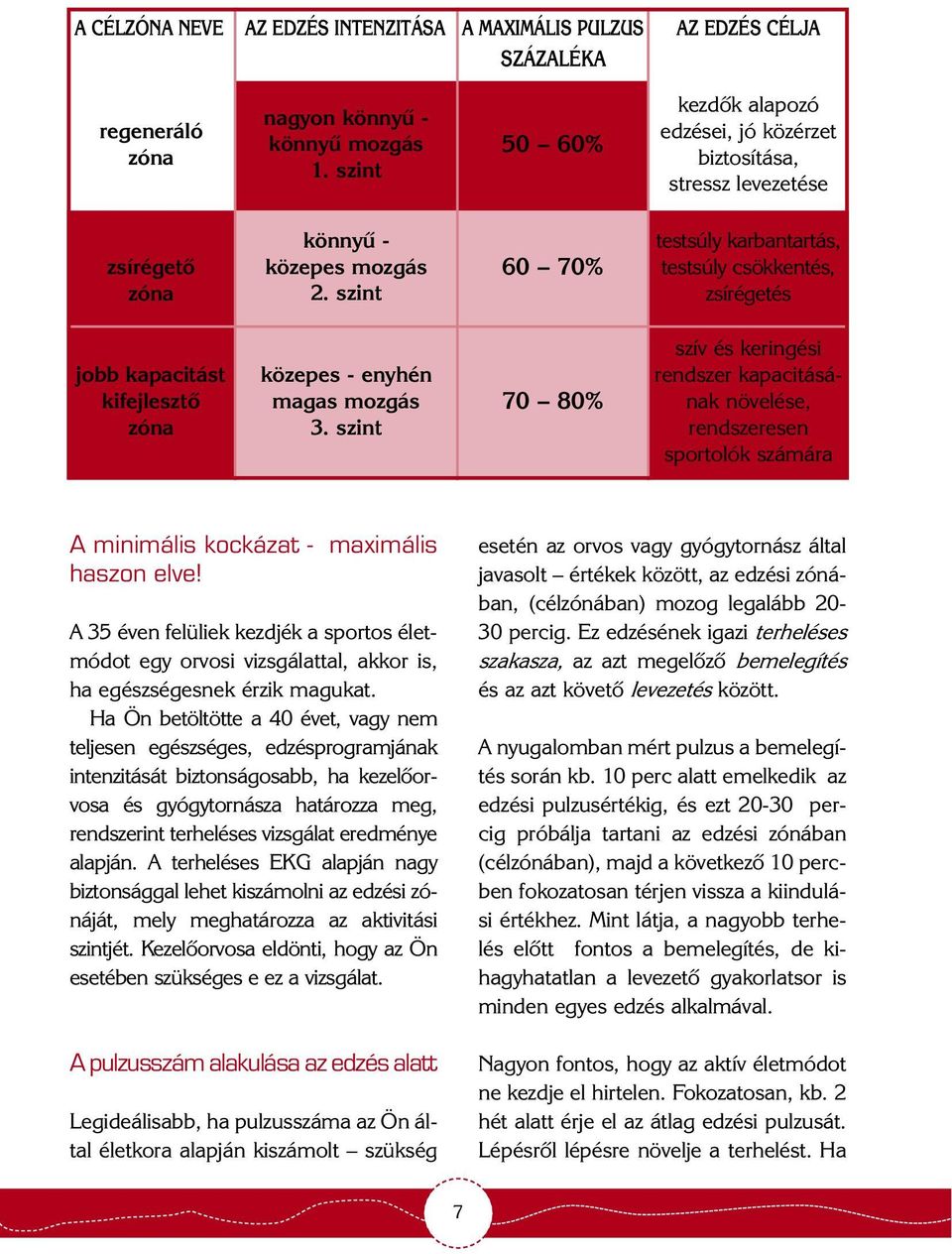 szint 60 70% testsúly karbantartás, testsúly csökkentés, zsírégetés jobb kapacitást kifejlesztõ zóna közepes - enyhén magas mozgás 3.