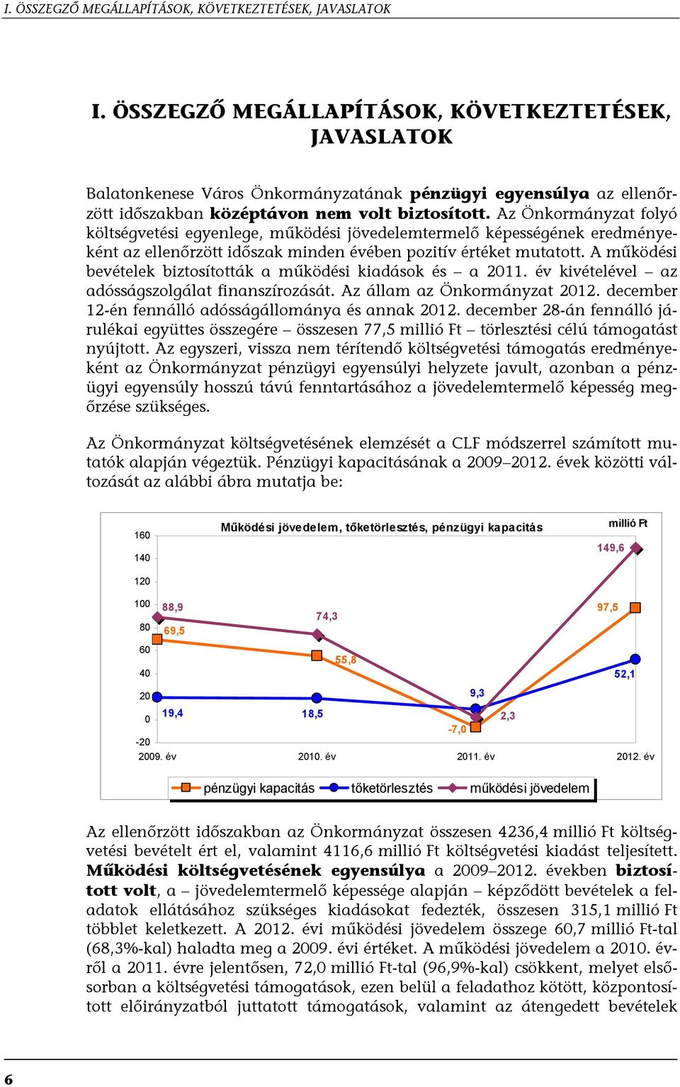 Az Önkormányzat folyó költségvetési egyenlege, működési jövedelemtermelő képességének eredményeként az ellenőrzött időszak minden évében pozitív értéket mutatott.