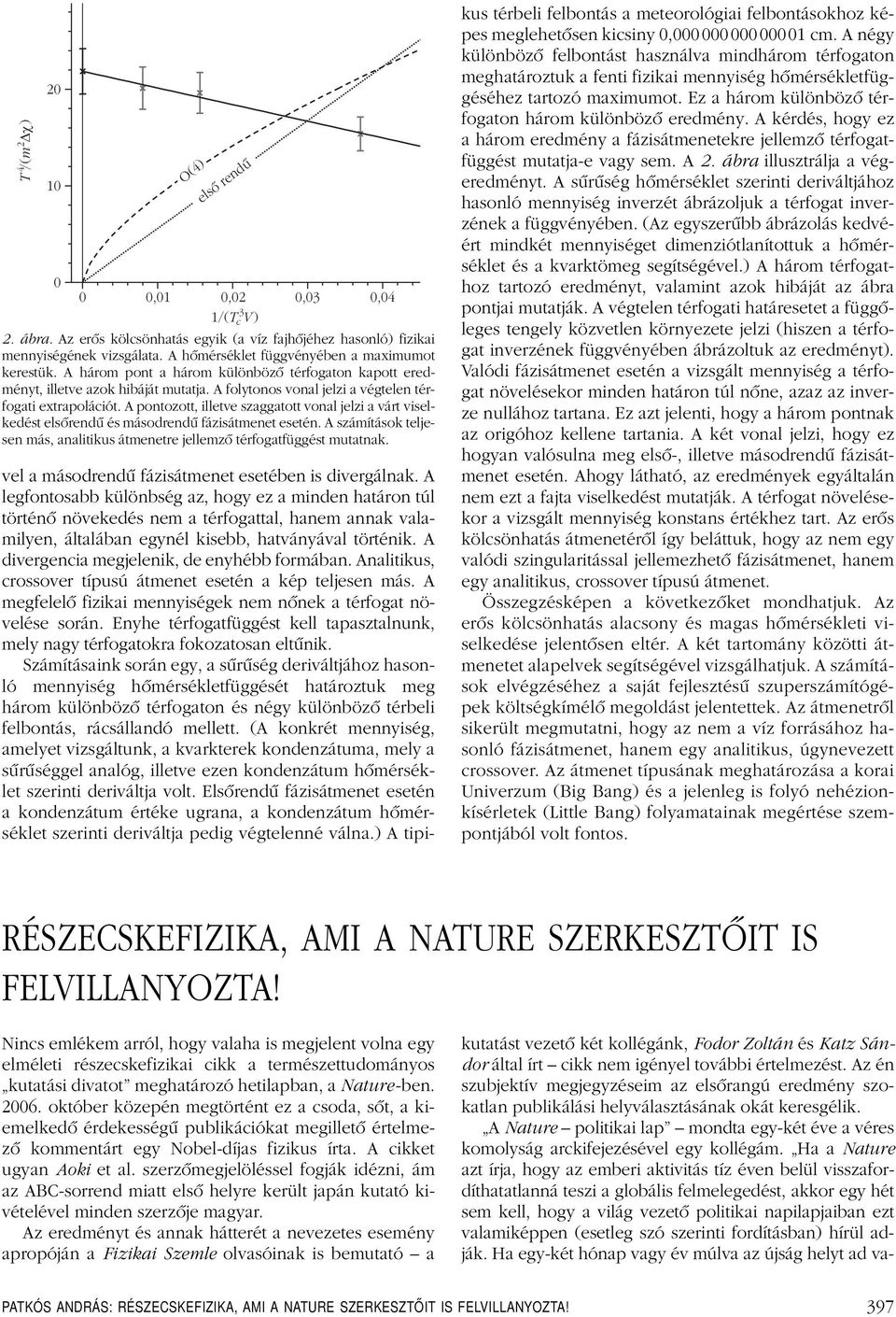 A pontozott, illetve szaggatott vonal jelzi a várt viselkedést elsôrendû és másodrendû fázisátmenet esetén. A számítások teljesen más, analitikus átmenetre jellemzô térfogatfüggést mutatnak.