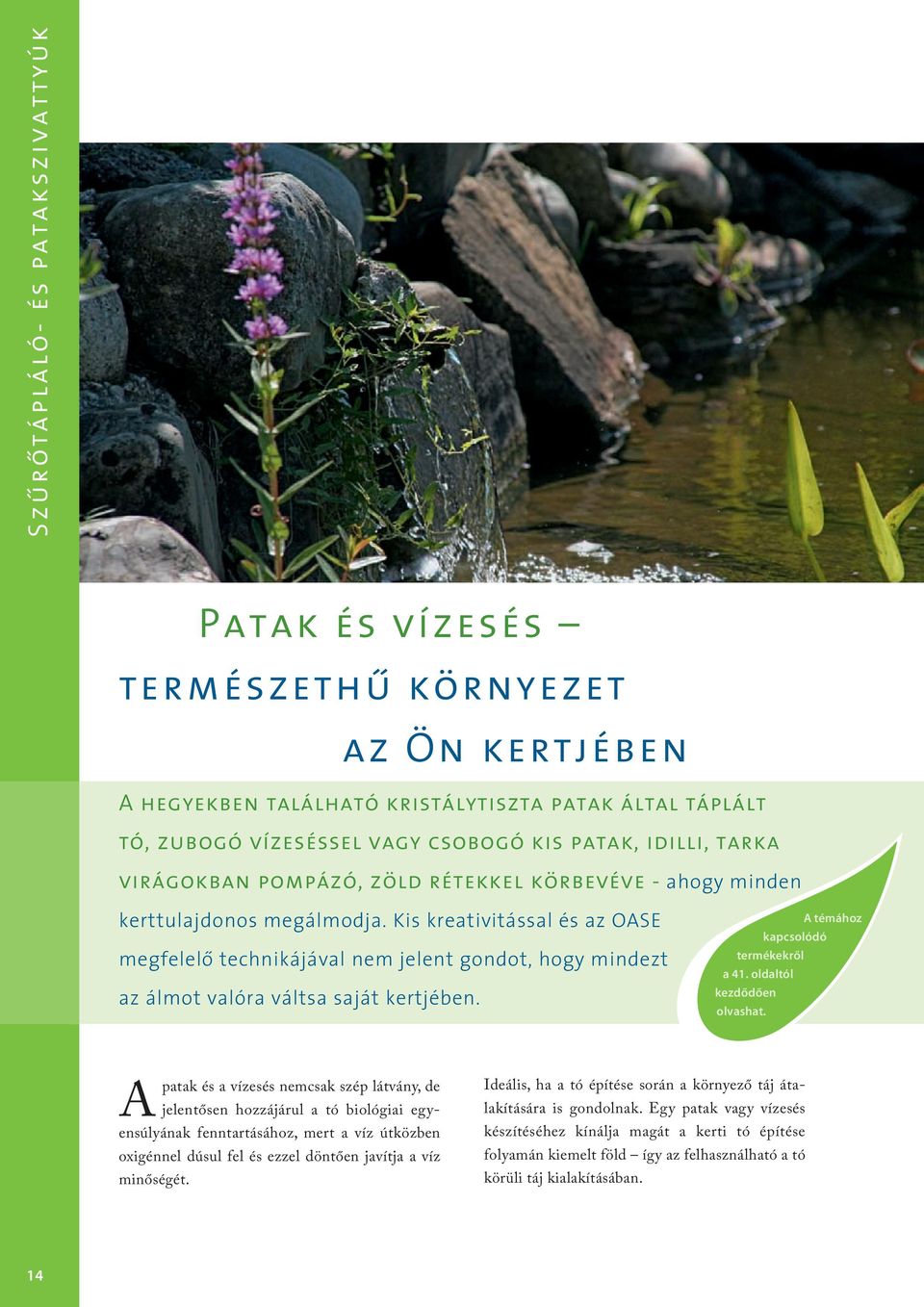 Kis kreativitással és az OASE megfelelô technikájával nem jelent gondot, hogy mindezt az álmot valóra váltsa saját kertjében. A témához kapcsolódó termékekről a 41. oldaltól kezdődően olvashat.