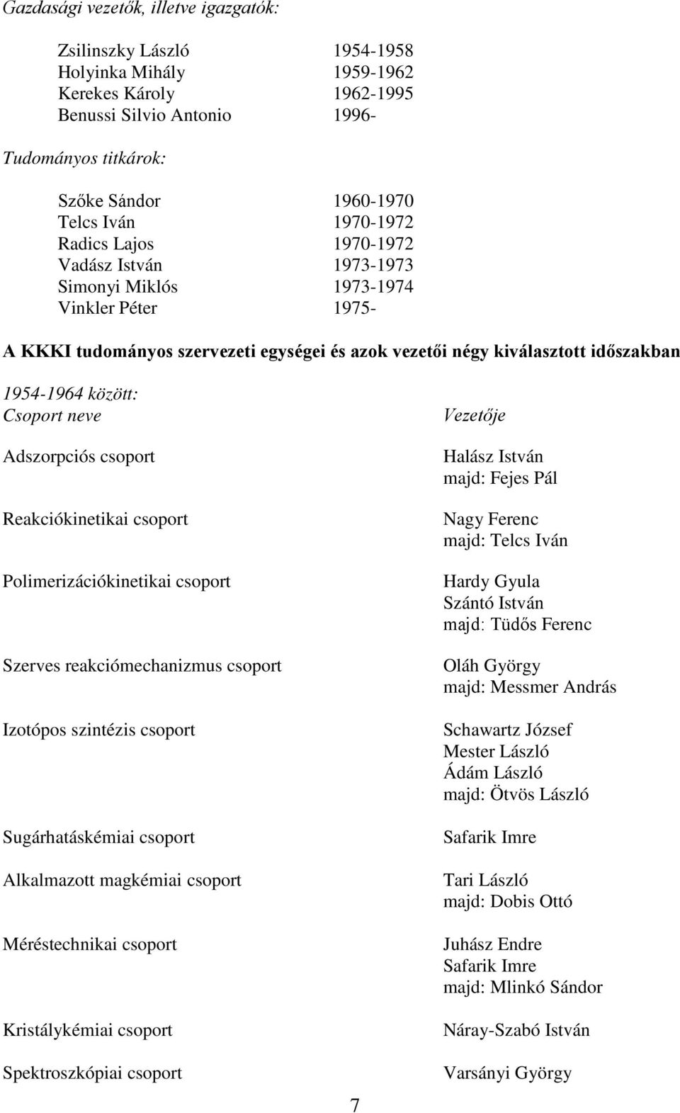 között: Csoport neve Adszorpciós csoport Reakciókinetikai csoport Polimerizációkinetikai csoport Szerves reakciómechanizmus csoport Izotópos szintézis csoport Sugárhatáskémiai csoport Alkalmazott