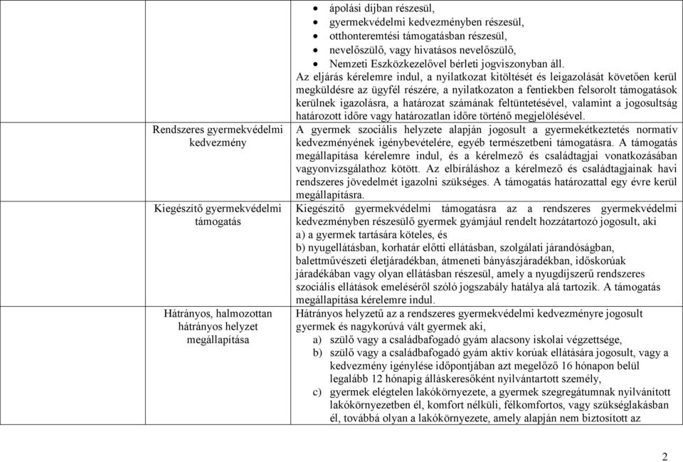 Az eljárás kérelemre indul, a nyilatkozat kitöltését és leigazolását követően kerül megküldésre az ügyfél részére, a nyilatkozaton a fentiekben felsorolt támogatások kerülnek igazolásra, a határozat