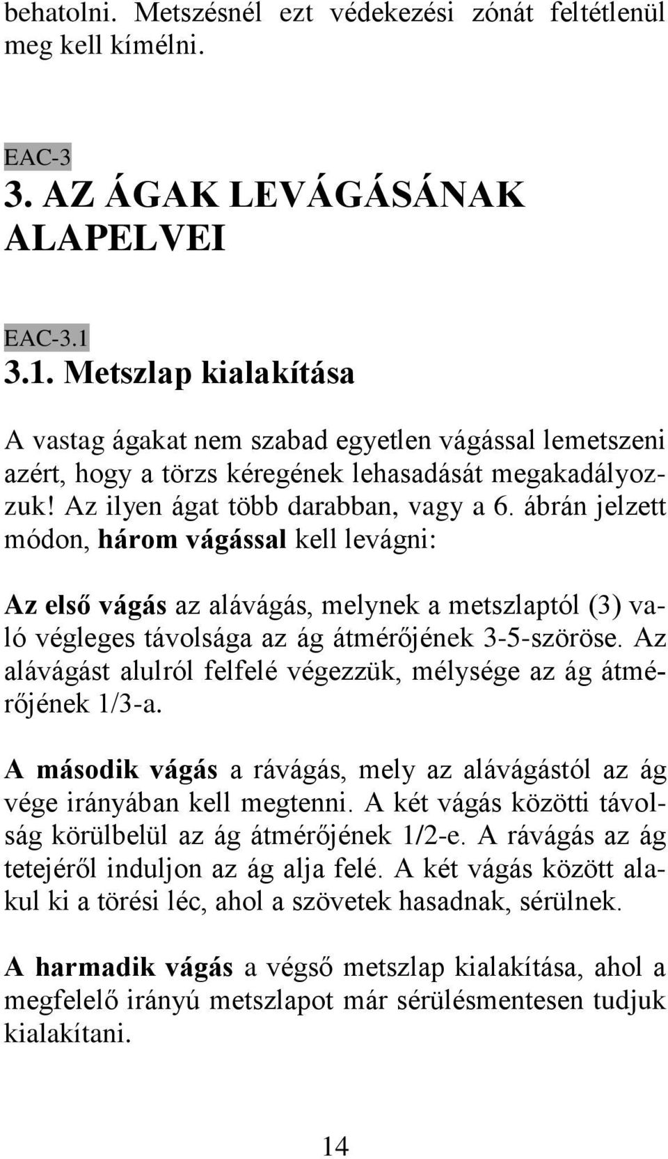 ábrán jelzett módon, három vágással kell levágni: Az első vágás az alávágás, melynek a metszlaptól (3) való végleges távolsága az ág átmérőjének 3-5-szöröse.