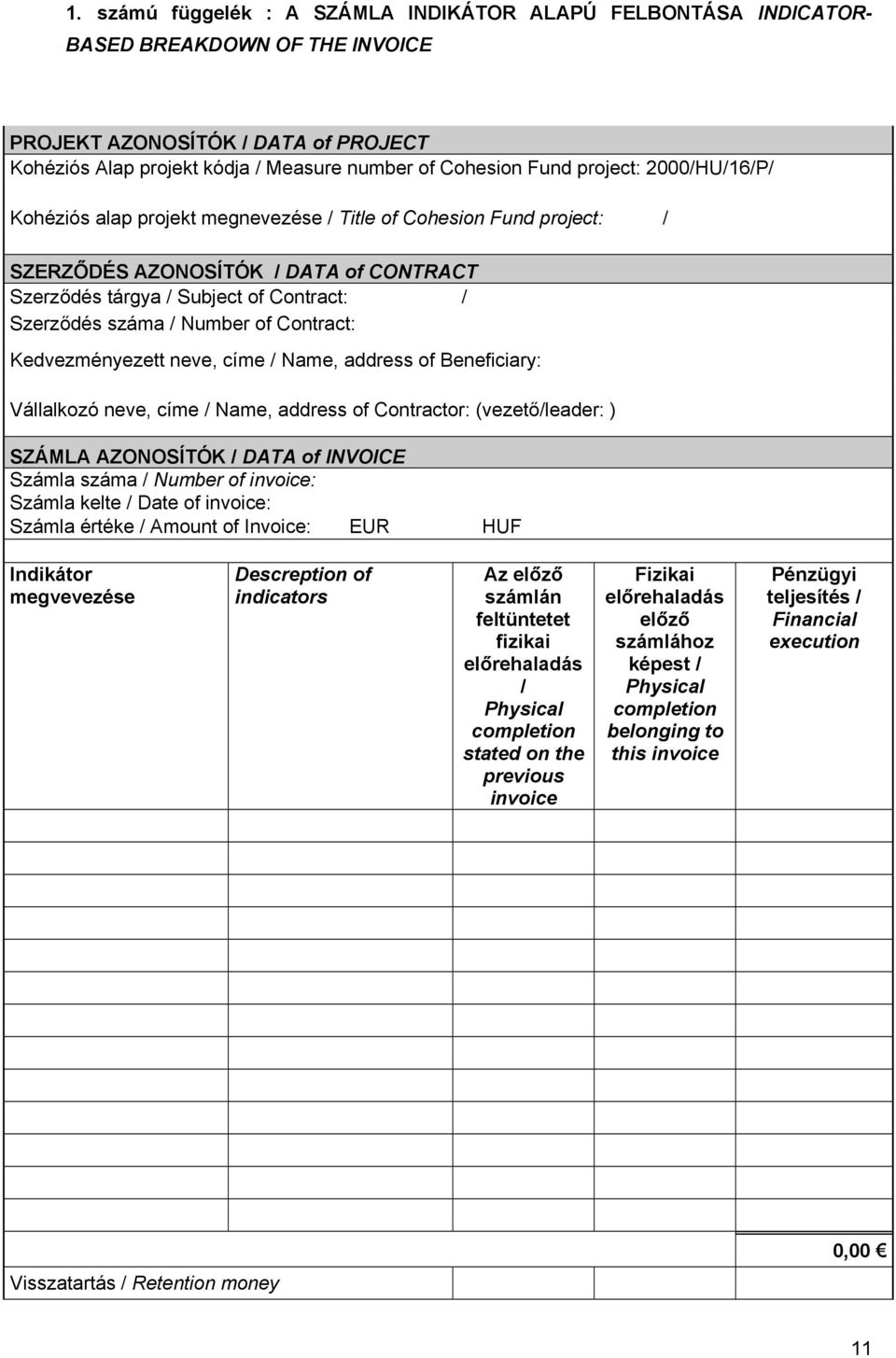 of Contract: Kedvezményezett neve, címe / Name, address of Beneficiary: Vállalkozó neve, címe / Name, address of Contractor: (vezető/leader: ) SZÁMLA AZONOSÍTÓK / DATA of INVOICE Számla száma /