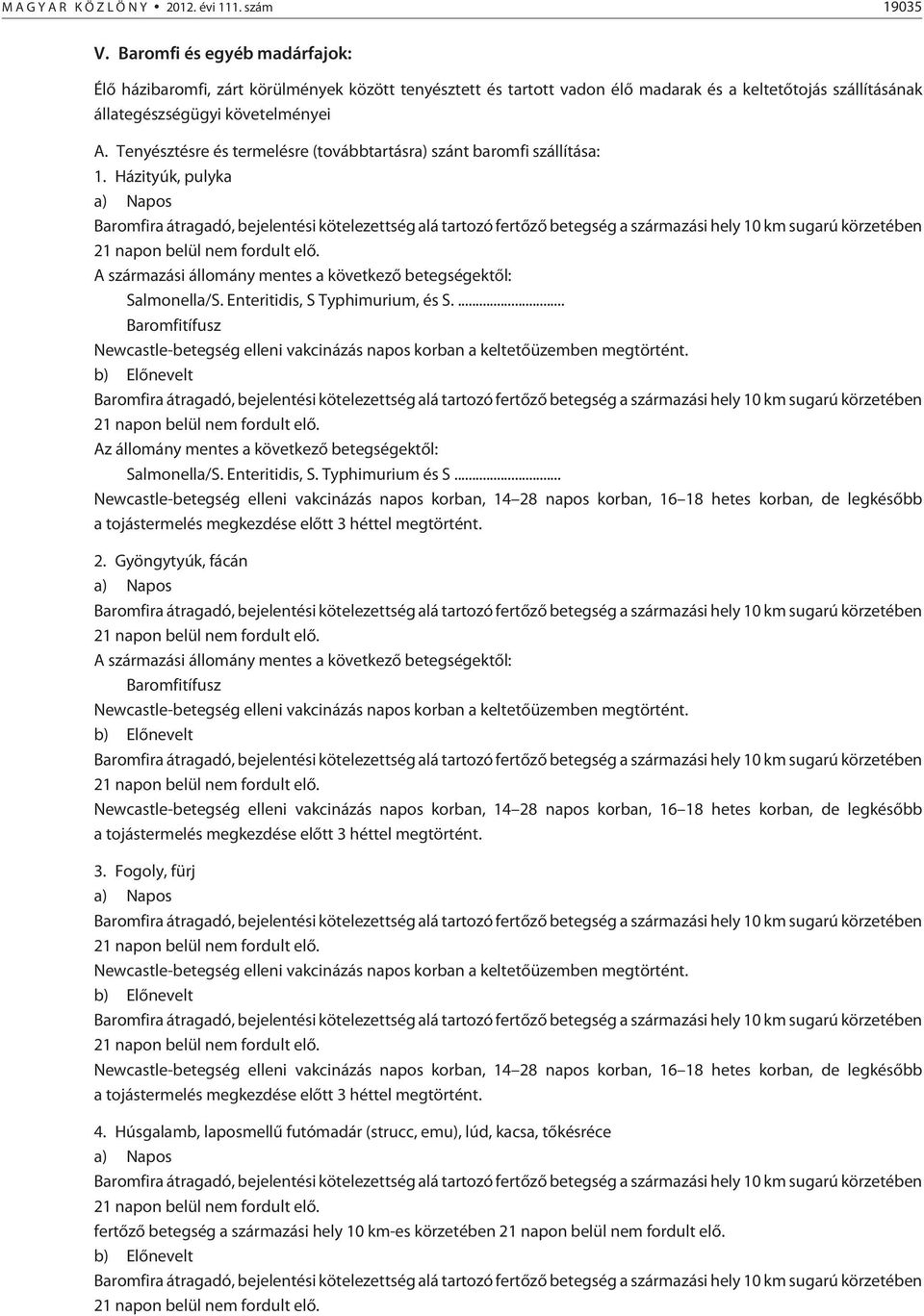 Tenyésztésre és termelésre (továbbtartásra) szánt baromfi szállítása: 1. Házityúk, pulyka a) Napos A származási állomány mentes a következõ betegségektõl: Salmonella/S.