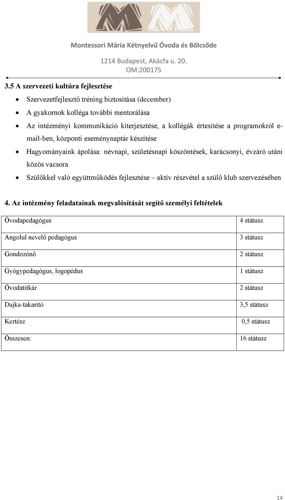 utáni közös vacsora Szülőkkel való együttműködés fejlesztése aktív részvétel a szülő klub szervezésében 4.