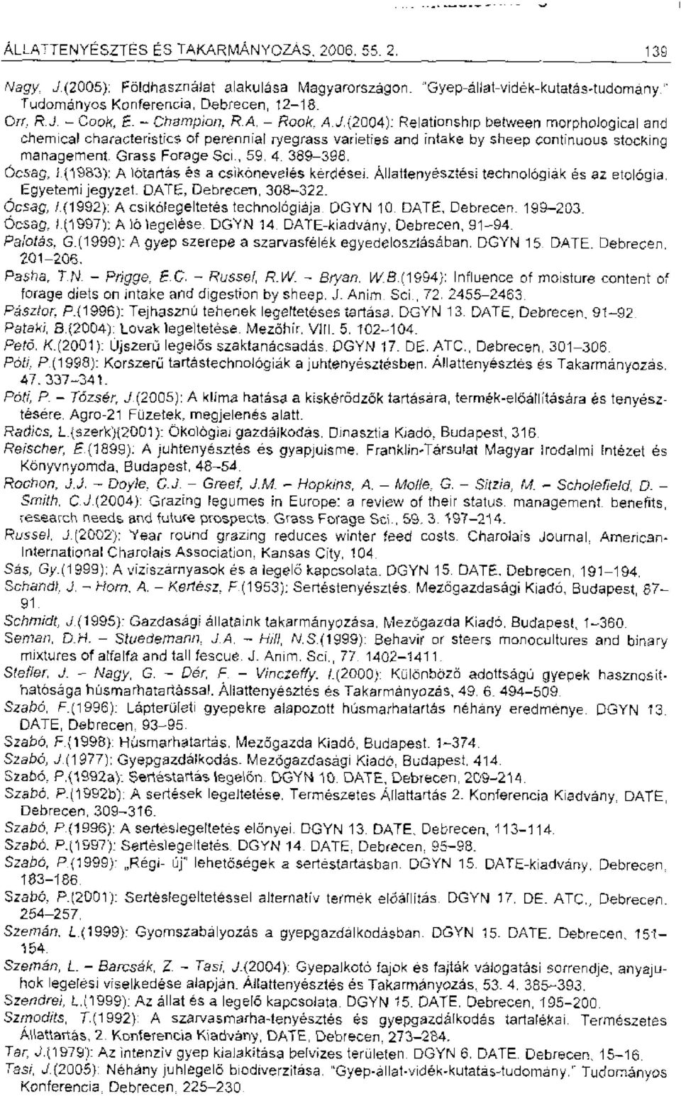 Grass Forage Sci., 59.4.389-398. Ocsag, 1.0'98.3): A lotartas es a csikoneveles kerdesei. Allattenyesztesi technologiak es az etologia, Egyetemi jegyzet_ DATE, Debrecen, 308-322. Ocsag, /.