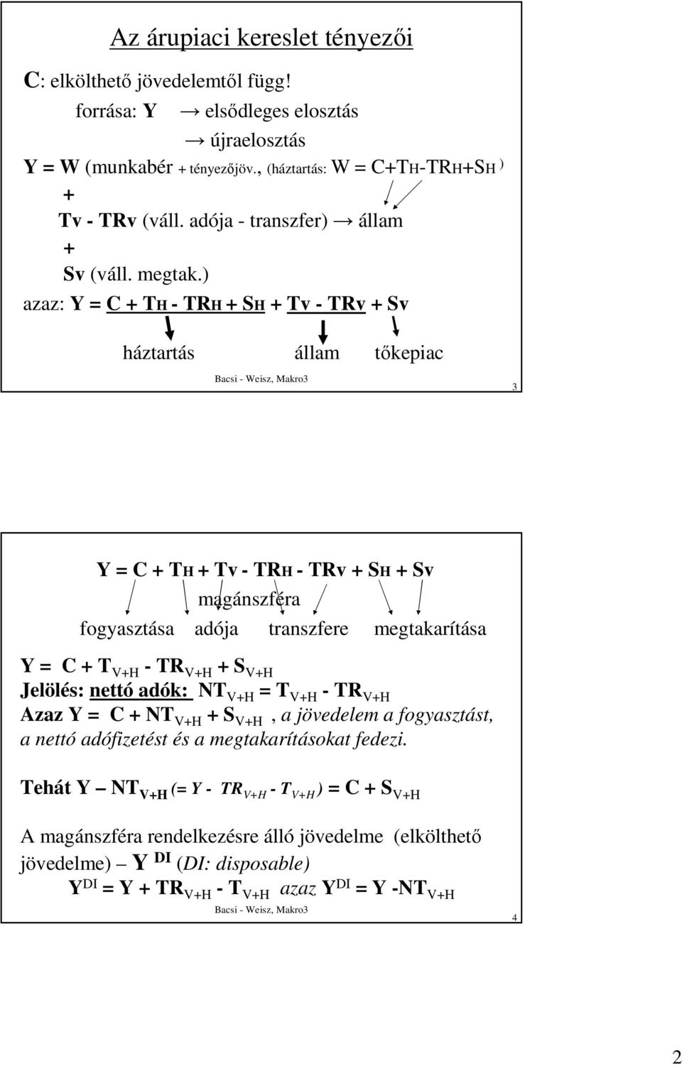 ) azaz: Y = C + TH - TRH + SH + Tv - TRv + Sv háztartás állam tıkepiac 3 Y = C + TH + Tv - TRH - TRv + SH + Sv magánszféra fogyasztása adója transzfere megtakarítása Y = C + T V+H - TR V+H +