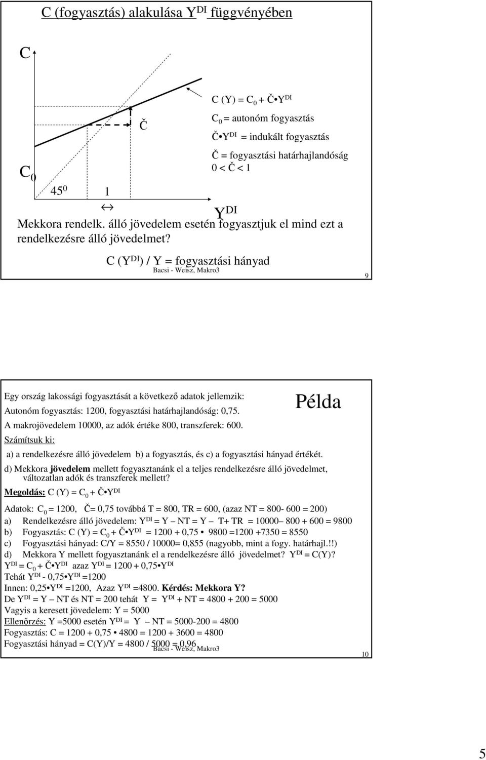 C (Y DI ) / Y = fogyasztási hányad C (Y) = C 0 + Č Y DI C 0 = autonóm fogyasztás Č Y DI = indukált fogyasztás 9 Egy ország lakossági fogyasztását a következı adatok jellemzik: Autonóm fogyasztás: