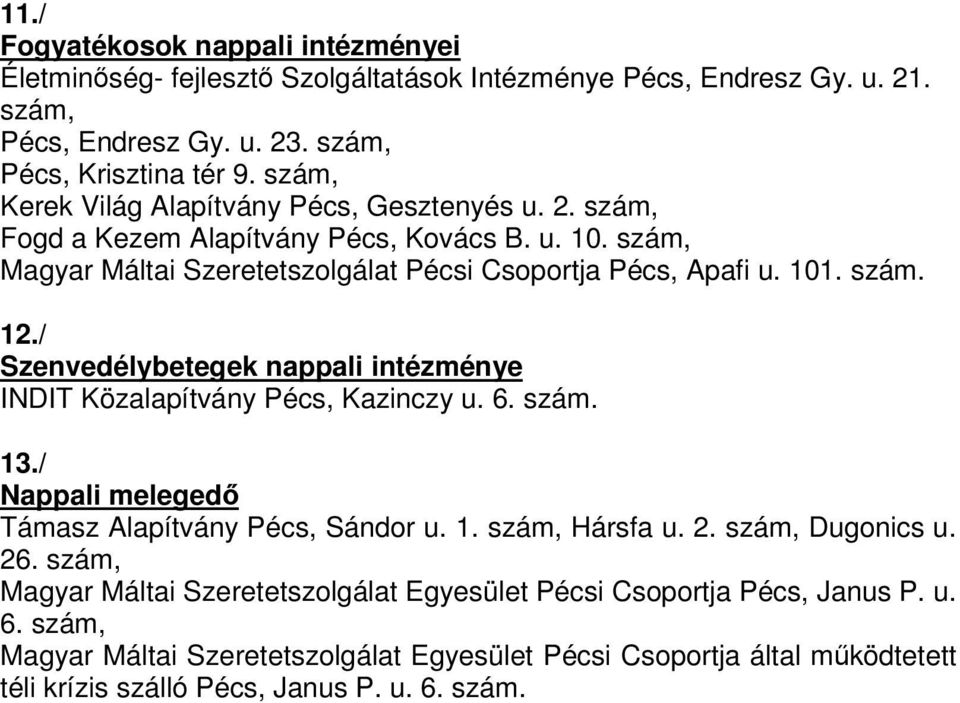 / Szenvedélybetegek nappali intézménye INDIT Közalapítvány Pécs, Kazinczy u. 6. szám. 13./ Nappali meleged Támasz Alapítvány Pécs, Sándor u. 1. szám, Hársfa u. 2. szám, Dugonics u. 26.