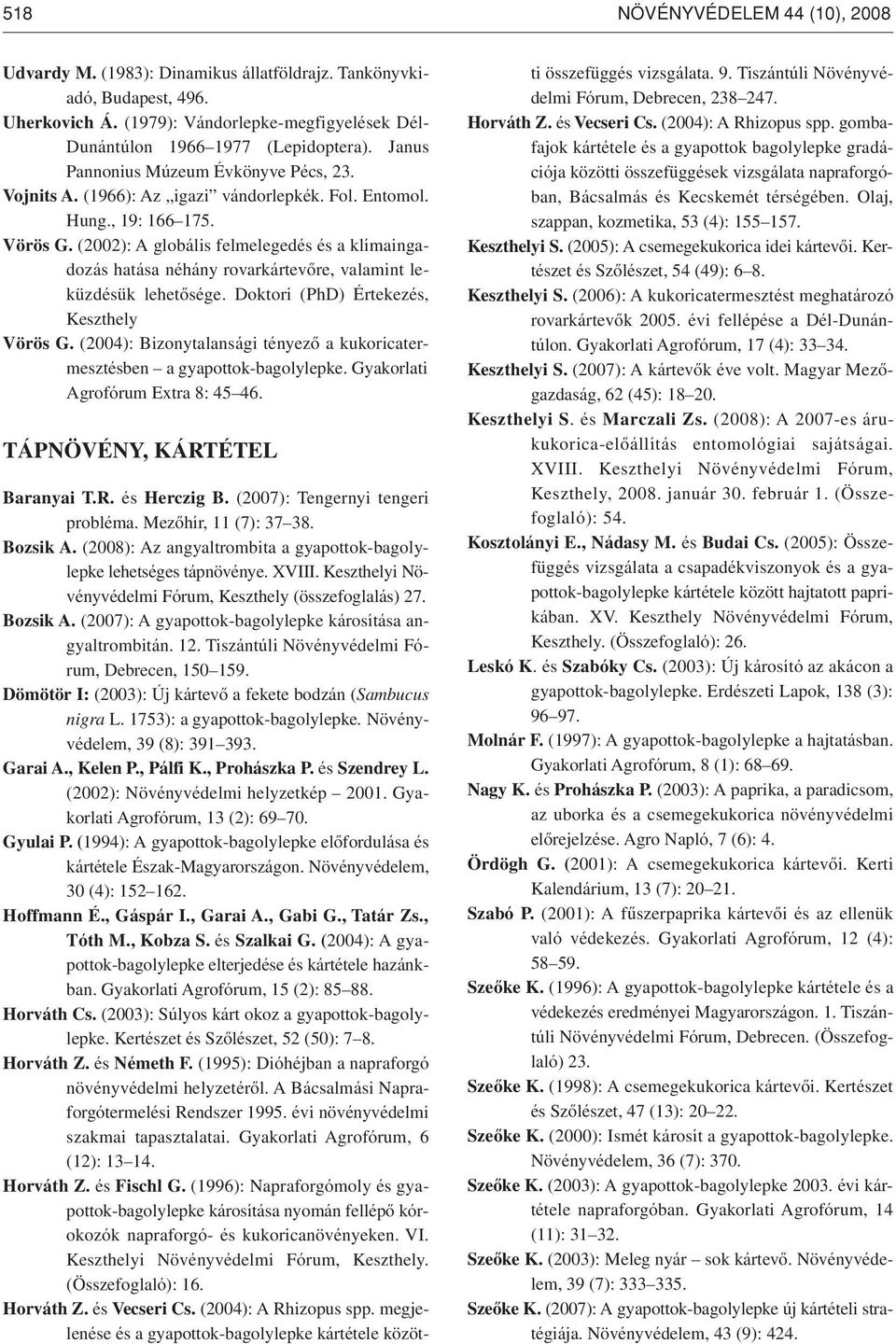 (2002): A globális felmelegedés és a klímaingadozás hatása néhány rovarkártevôre, valamint leküzdésük lehetôsége. Doktori (PhD) Értekezés, Keszthely Vörös G.