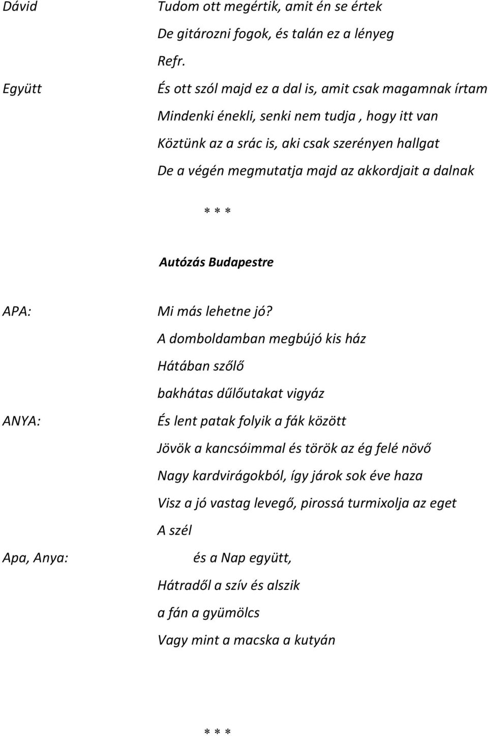 az akkordjait a dalnak * * * Autózás Budapestre APA: ANYA: Apa, Anya: Mi más lehetne jó?