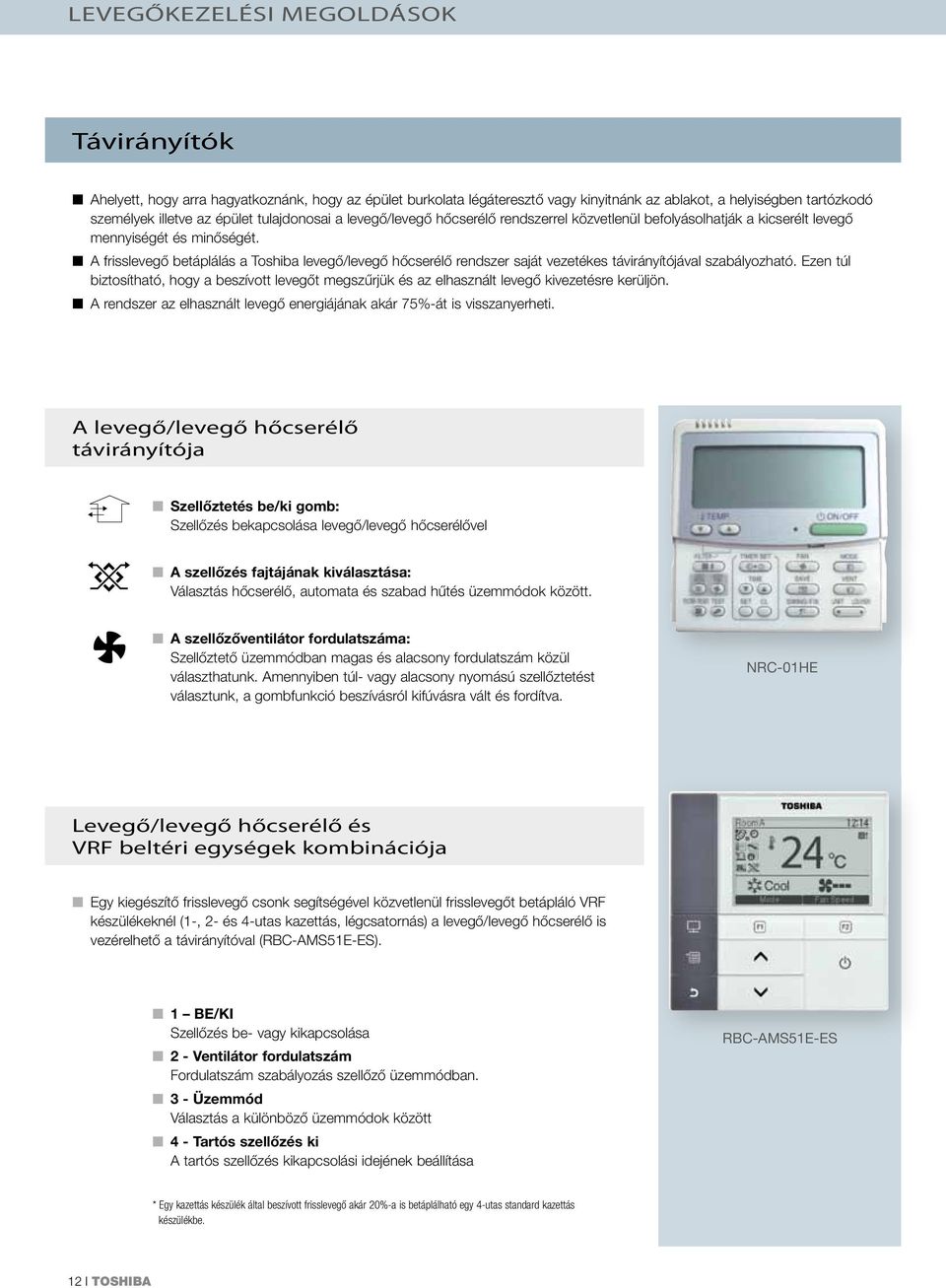 A frisslevegő betáplálás a Toshiba levegő/levegő hőcserélő rendszer saját vezetékes távirányítójával szabályozható.