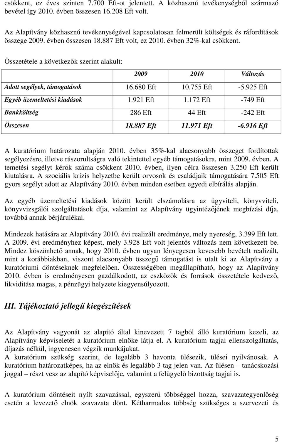 Összetétele a következők szerint alakult: 2009 2010 Változás Adott segélyek, támogatások 16.680 Eft 10.755 Eft -5.925 Eft Egyéb üzemeltetési kiadások 1.921 Eft 1.