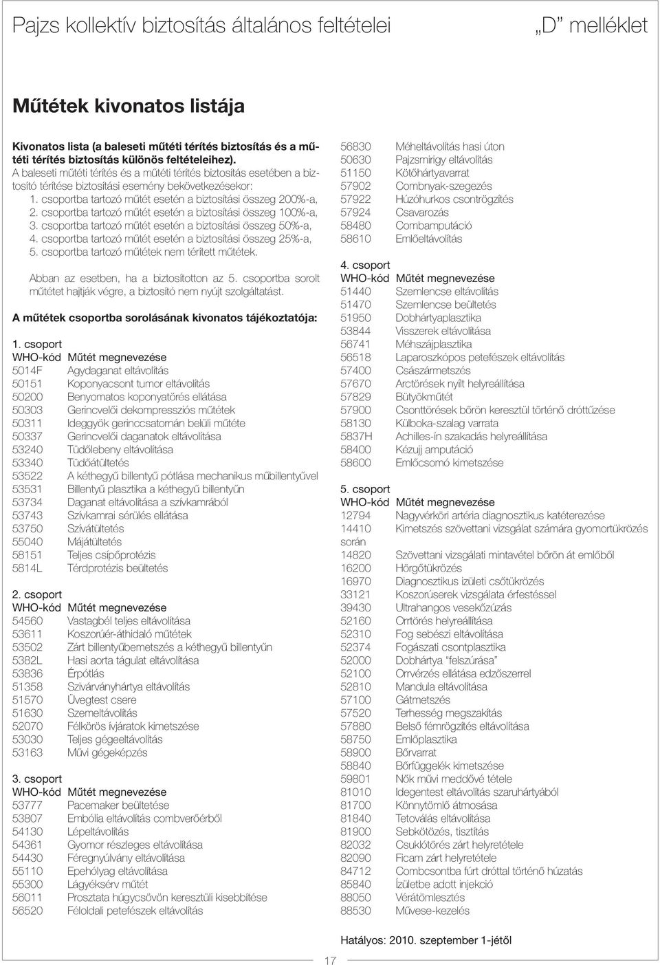 csoportba tartozó mûtét esetén a biztosítási összeg 100%-a, 3. csoportba tartozó mûtét esetén a biztosítási összeg 50%-a, 4. csoportba tartozó mûtét esetén a biztosítási összeg 25%-a, 5.