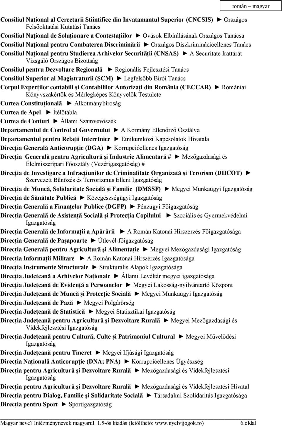 Irattárát Vizsgáló Országos Bizottság Consiliul pentru Dezvoltare Regională Regionális Fejlesztési Tanács Consiliul Superior al Magistraturii (SCM) Legfelsőbb Bírói Tanács Corpul Experţilor contabili