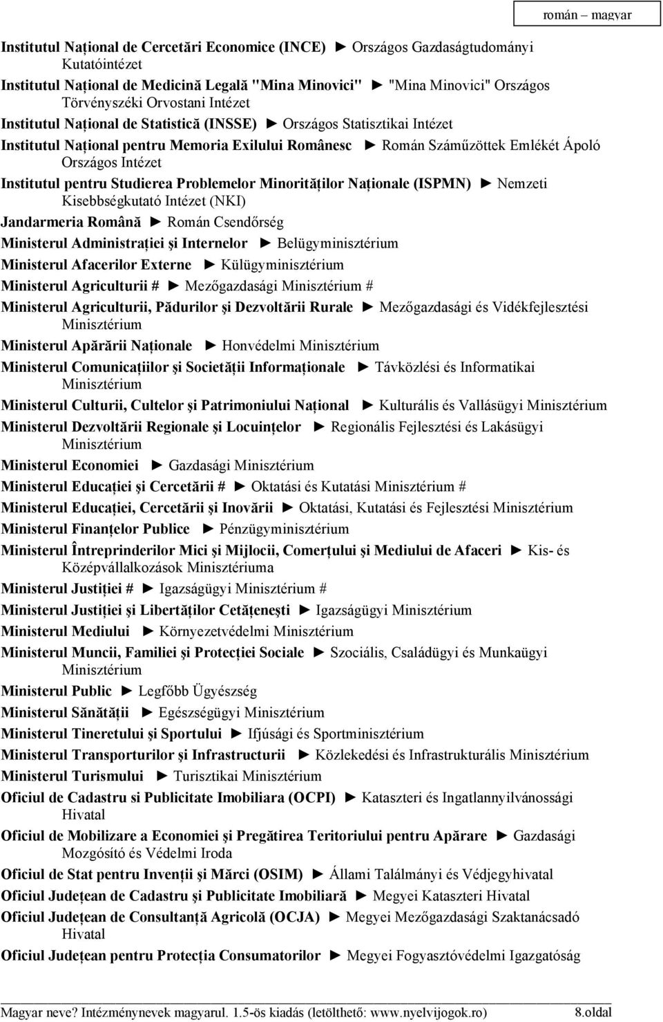 Institutul pentru Studierea Problemelor Minorităţilor Naţionale (ISPMN) Nemzeti Kisebbségkutató Intézet (NKI) Jandarmeria Română Román Csendőrség Ministerul Administraţiei şi Internelor