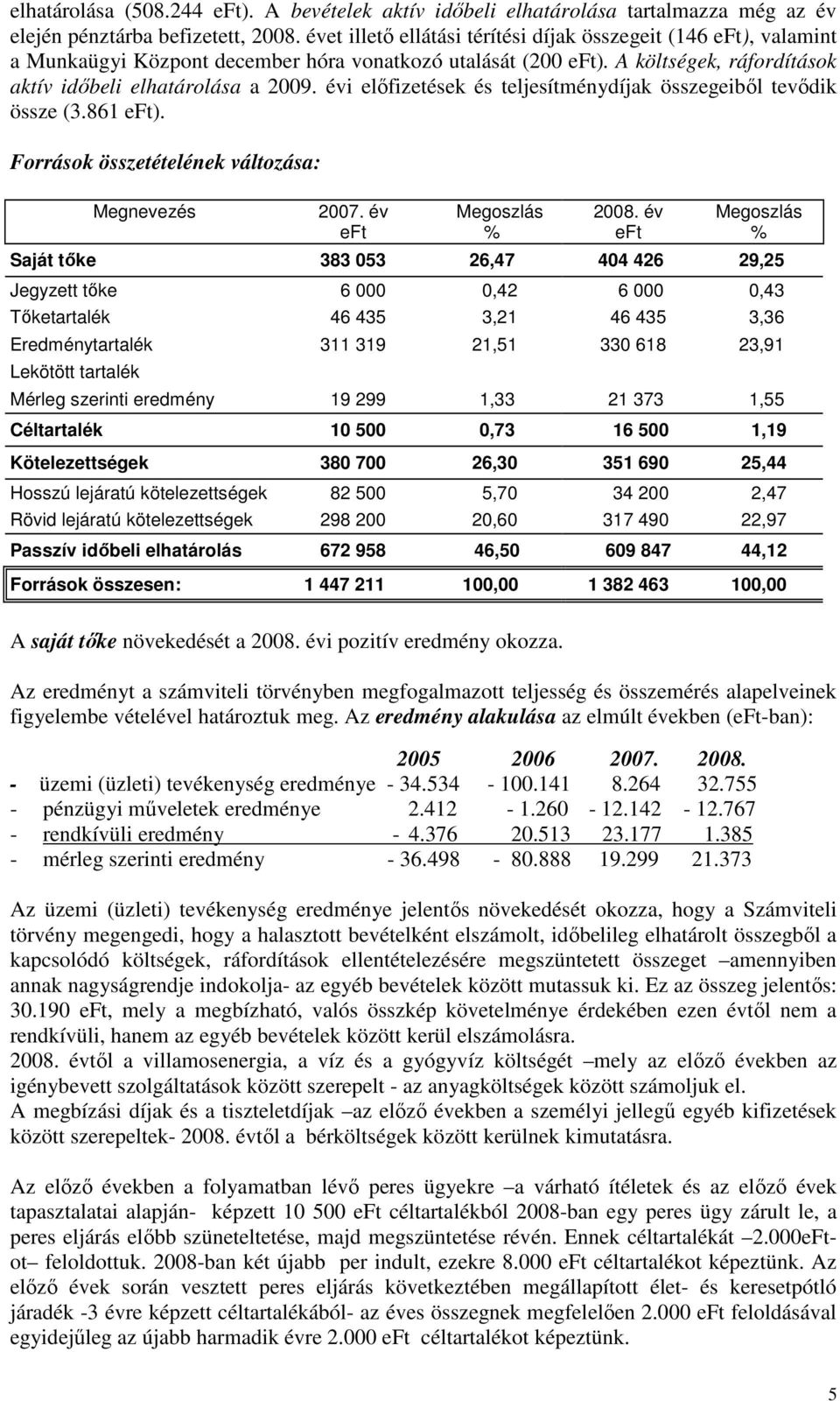 évi elıfizetések és teljesítménydíjak összegeibıl tevıdik össze (3.861 eft). Források összetételének változása: Megnevezés 2007. év Megoszlás 2008.