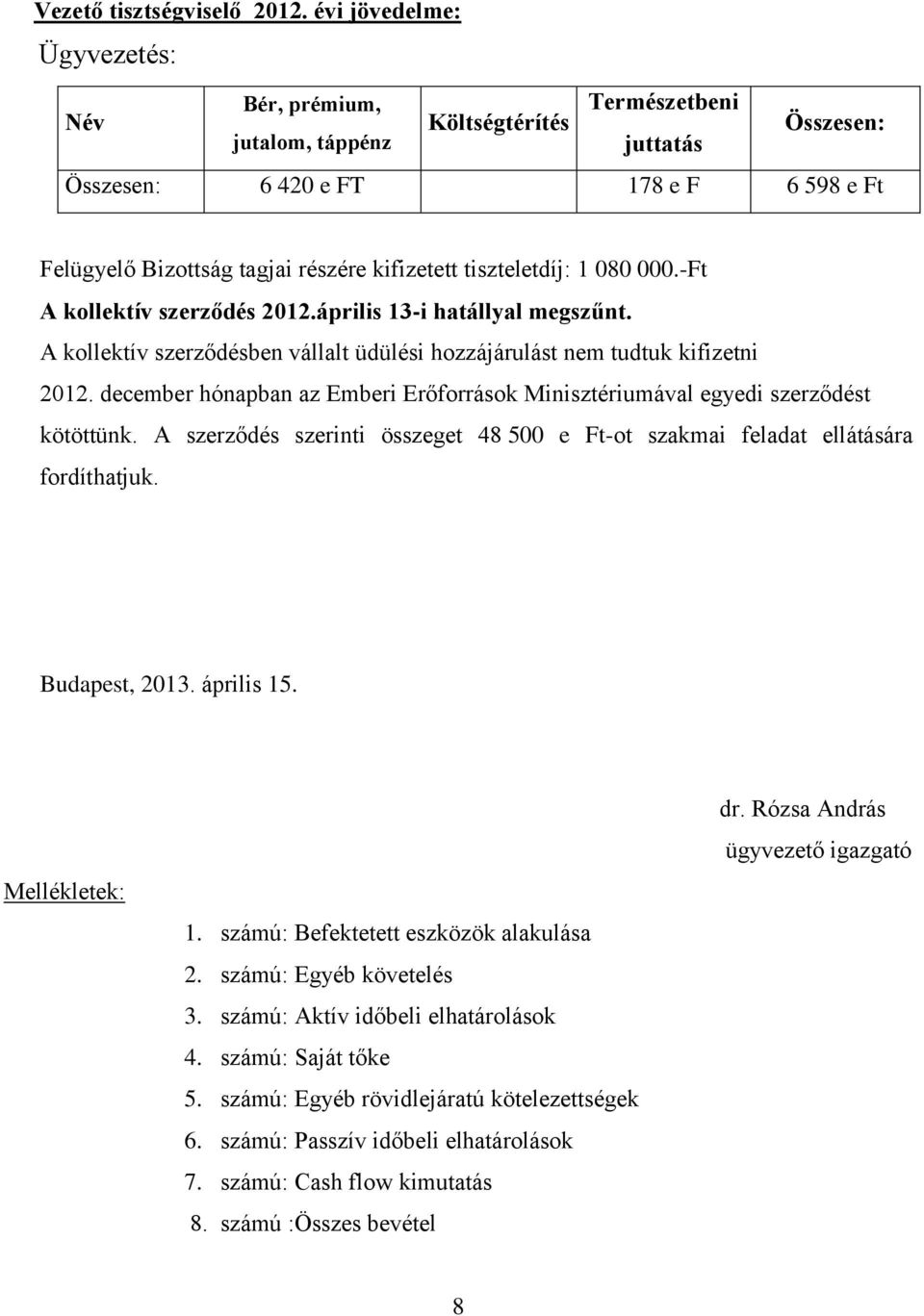 tiszteletdíj: 1 080 000.-Ft A kollektív szerződés 2012.április 13-i hatállyal megszűnt. A kollektív szerződésben vállalt üdülési hozzájárulást nem tudtuk kifizetni 2012.