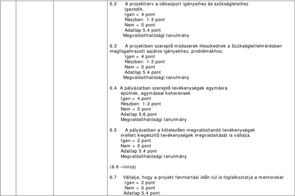 4 A pályázatban szerepl tevékenységek egymásra épülnek, egymással koherensek Igen = 4 pont Részben: 1-3 pont Adatlap 5.6 pont Megvalósíthatósági tanulmány 6.