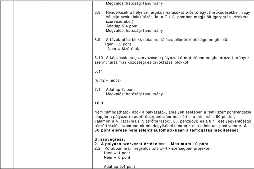 10 A képzések megszervezése a pályázati útmutatóban meghatározott arányok szerint tartalmaz közösségi és távoktatási blokkot 6.11 (6.12 nincs) 7.1 Adatlap 7. pont Megvalósíthatósági tanulmány 10.