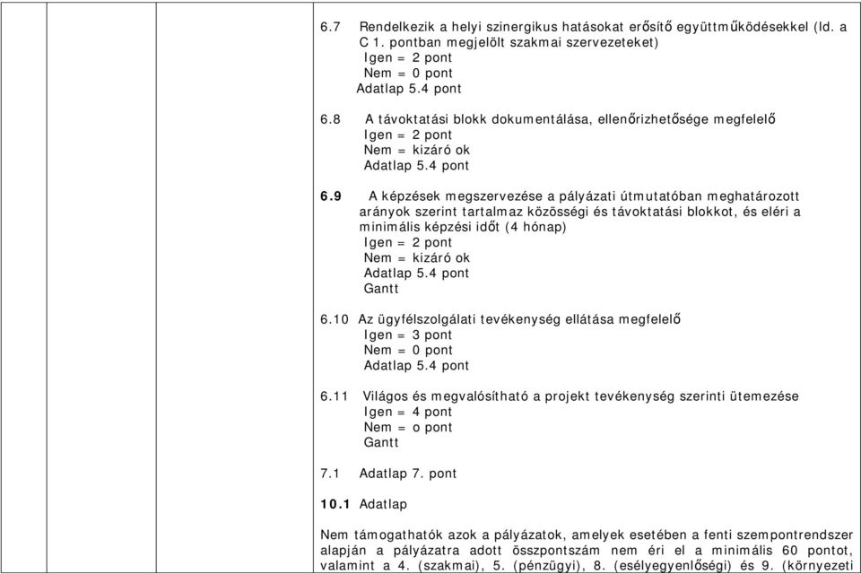 9 A képzések megszervezése a pályázati útmutatóban meghatározott arányok szerint tartalmaz közösségi és távoktatási blokkot, és eléri a minimális képzési id t (4 hónap) Igen = 2 pont Nem = kizáró ok