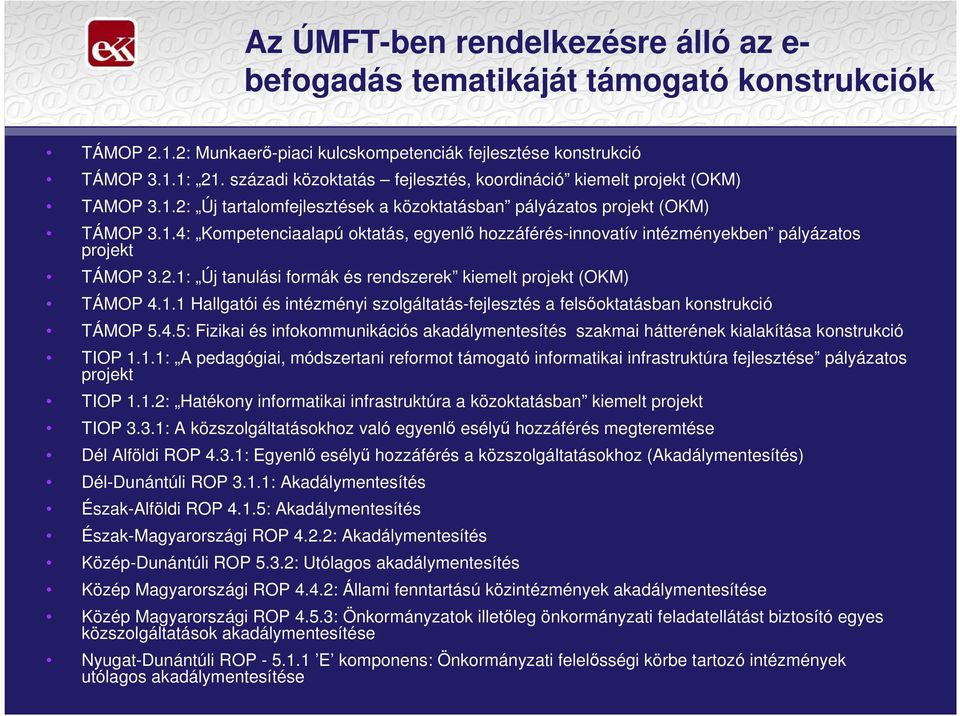 2.1: Új tanulási formák és rendszerek kiemelt projekt (OKM) TÁMOP 4.1.1 Hallgatói és intézményi szolgáltatás-fejlesztés a felsıoktatásban konstrukció TÁMOP 5.4.5: Fizikai és infokommunikációs akadálymentesítés szakmai hátterének kialakítása konstrukció TIOP 1.