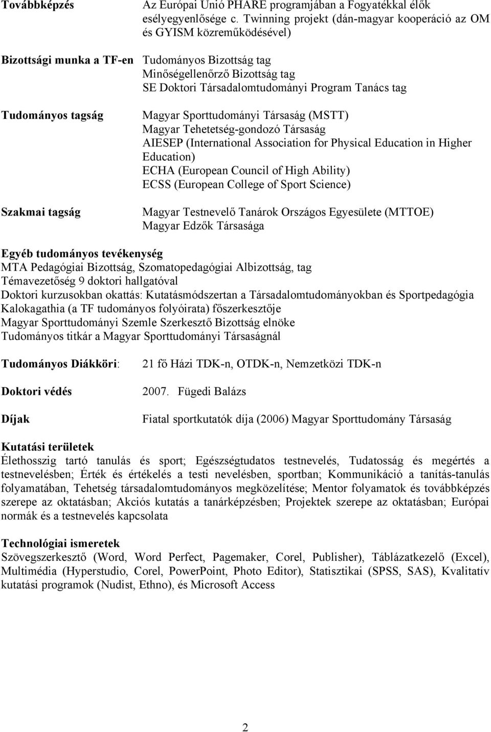tag Tudományos tagság Szakmai tagság Magyar Sporttudományi Társaság (MSTT) Magyar Tehetetség-gondozó Társaság AIESEP (International Association for Physical Education in Higher Education) ECHA