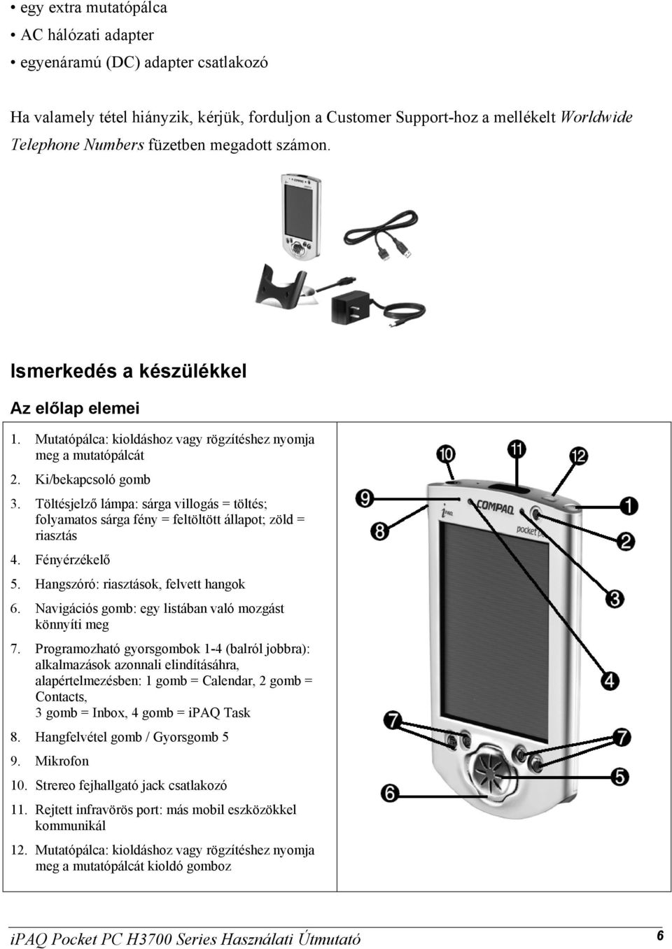 Töltésjelző lámpa: sárga villogás = töltés; folyamatos sárga fény = feltöltött állapot; zöld = riasztás 4. Fényérzékelő 5. Hangszóró: riasztások, felvett hangok 6.