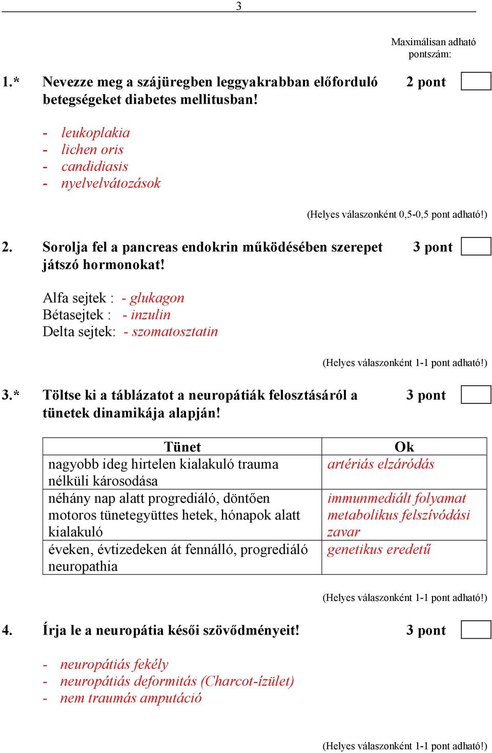 Alfa sejtek : - glukagon Bétasejtek : - inzulin Delta sejtek: - szomatosztatin 3.* Töltse ki a táblázatot a neuropátiák felosztásáról a 3 pont tünetek dinamikája alapján!