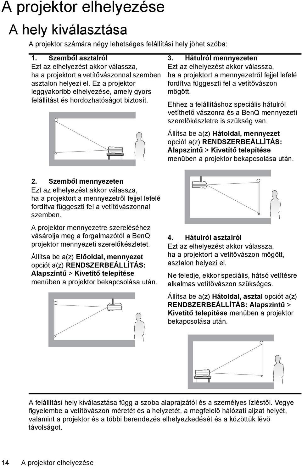 Ez a projektor leggyakoribb elhelyezése, amely gyors felállítást és hordozhatóságot biztosít. 3.