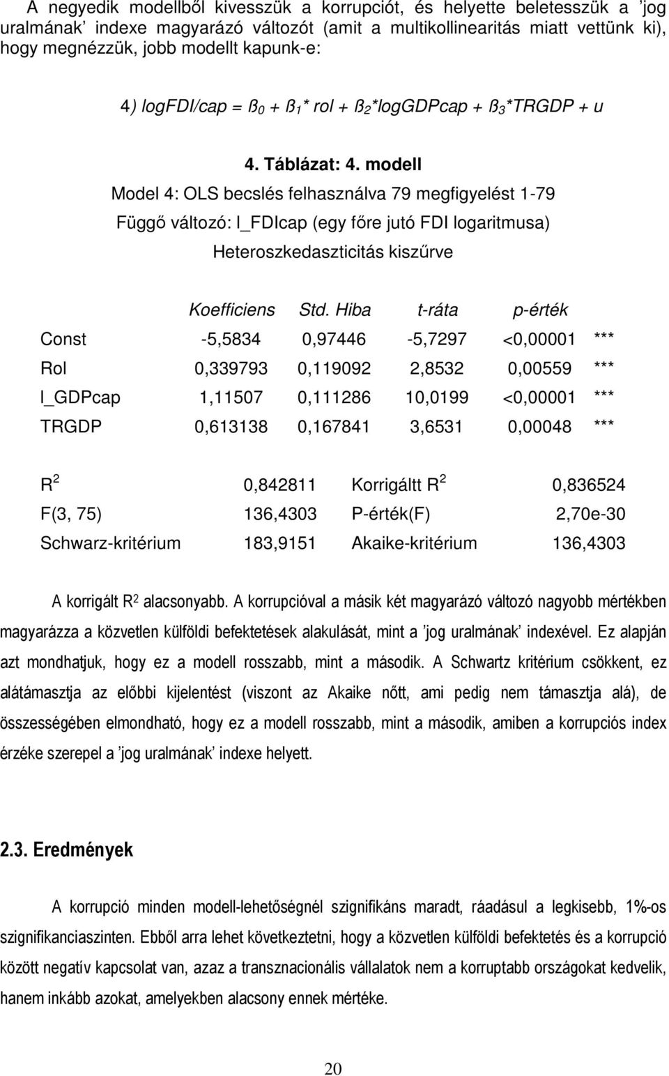 modell Model 4: OLS becslés felhasználva 79 megfigyelést 1-79 Függı változó: l_fdicap (egy fıre jutó FDI logaritmusa) Heteroszkedaszticitás kiszőrve Koefficiens Std.